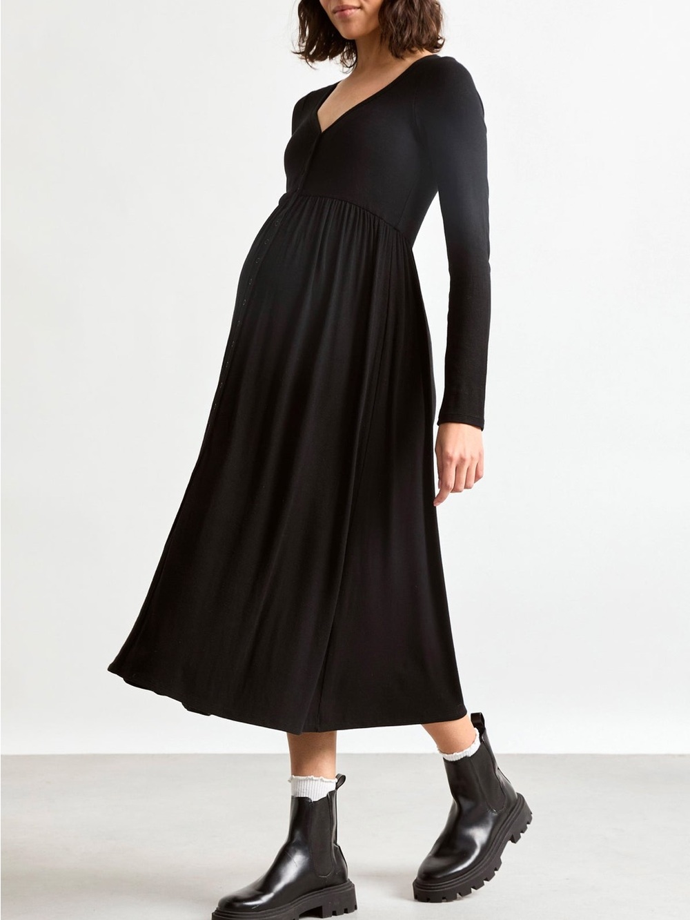 Hatch Ribbed Henley Long Sleeve Maternity Nursing Midi Dress Black M